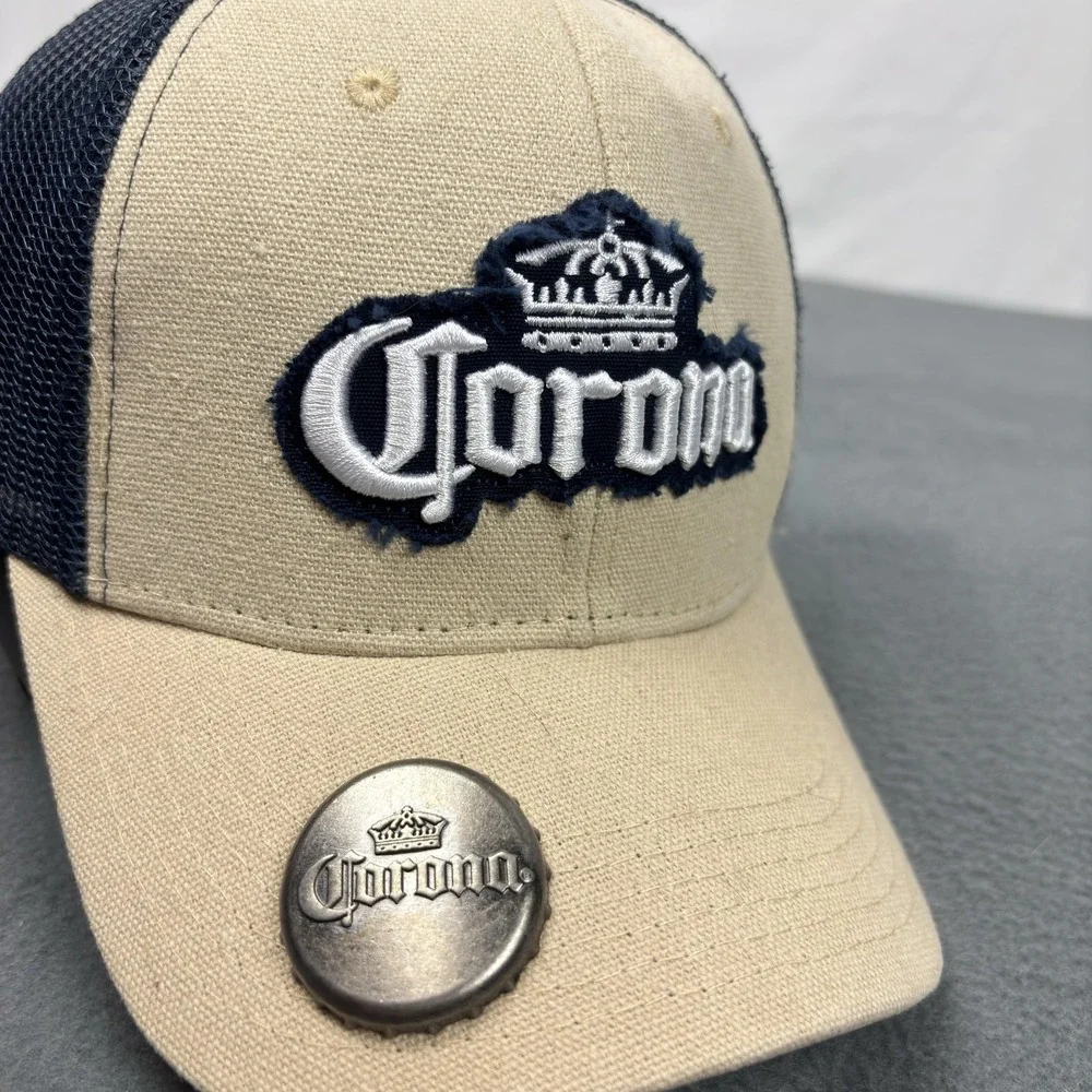 Corona Beer Stylish Hat Tan Navy Mesh Snapback Cap Metal Logo Bottle Opener OSFM